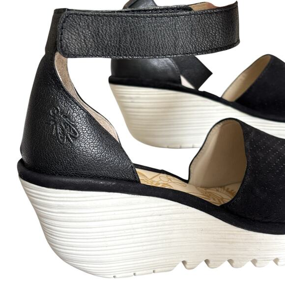 FLY London Yake Perforated Leather Wedge Sandals Black‎ Nubuck Sz 40 White Sole - Picture 6 of 16